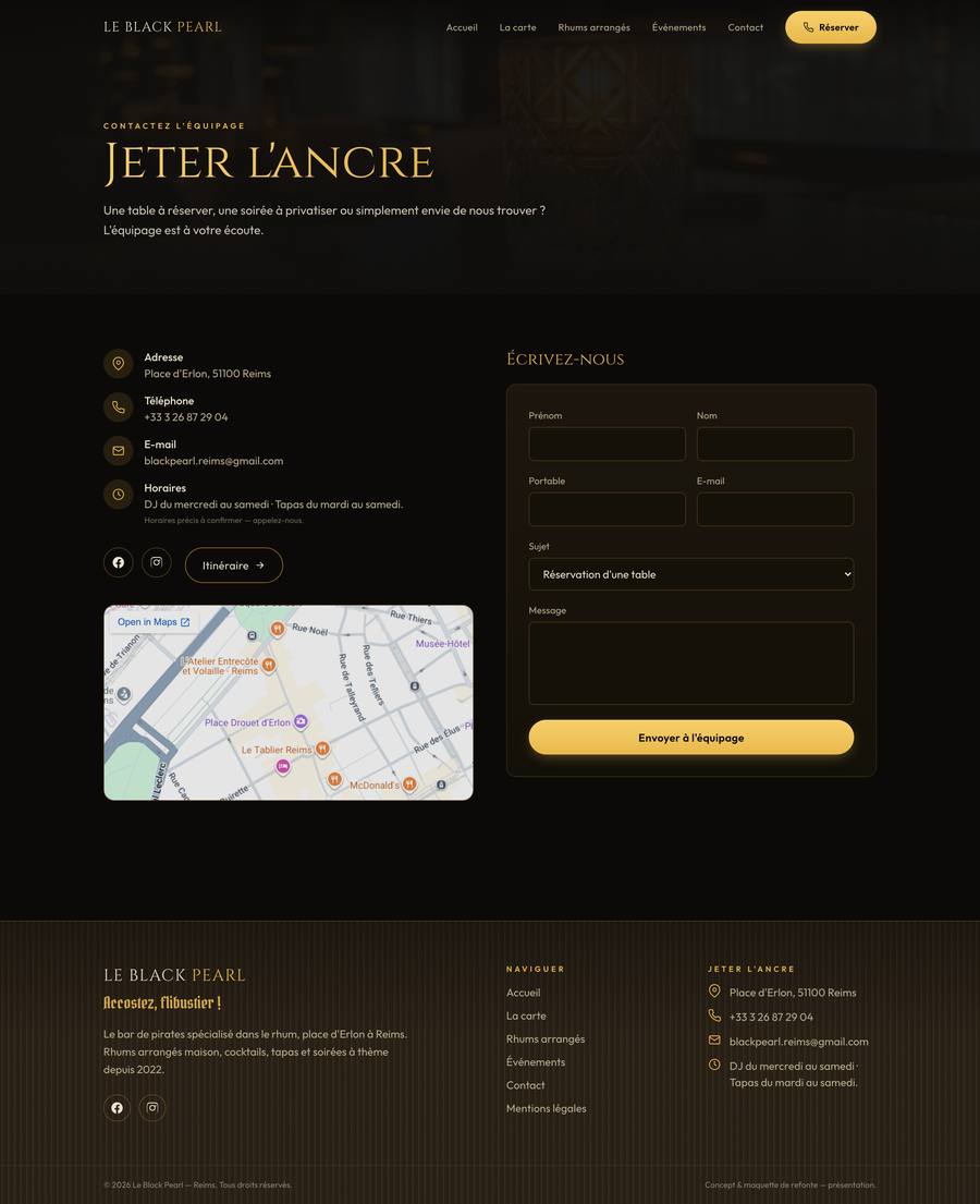 Le Black Pearl — Contact (desktop), rebuilt
