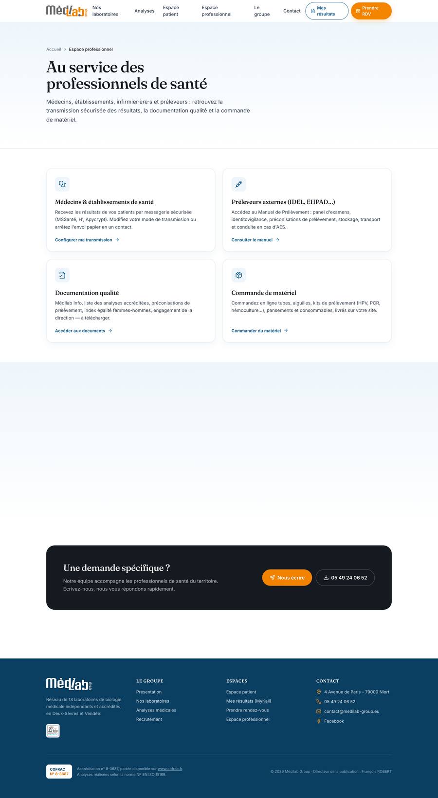 Médilab Group — Espace Professionnel (desktop), rebuilt