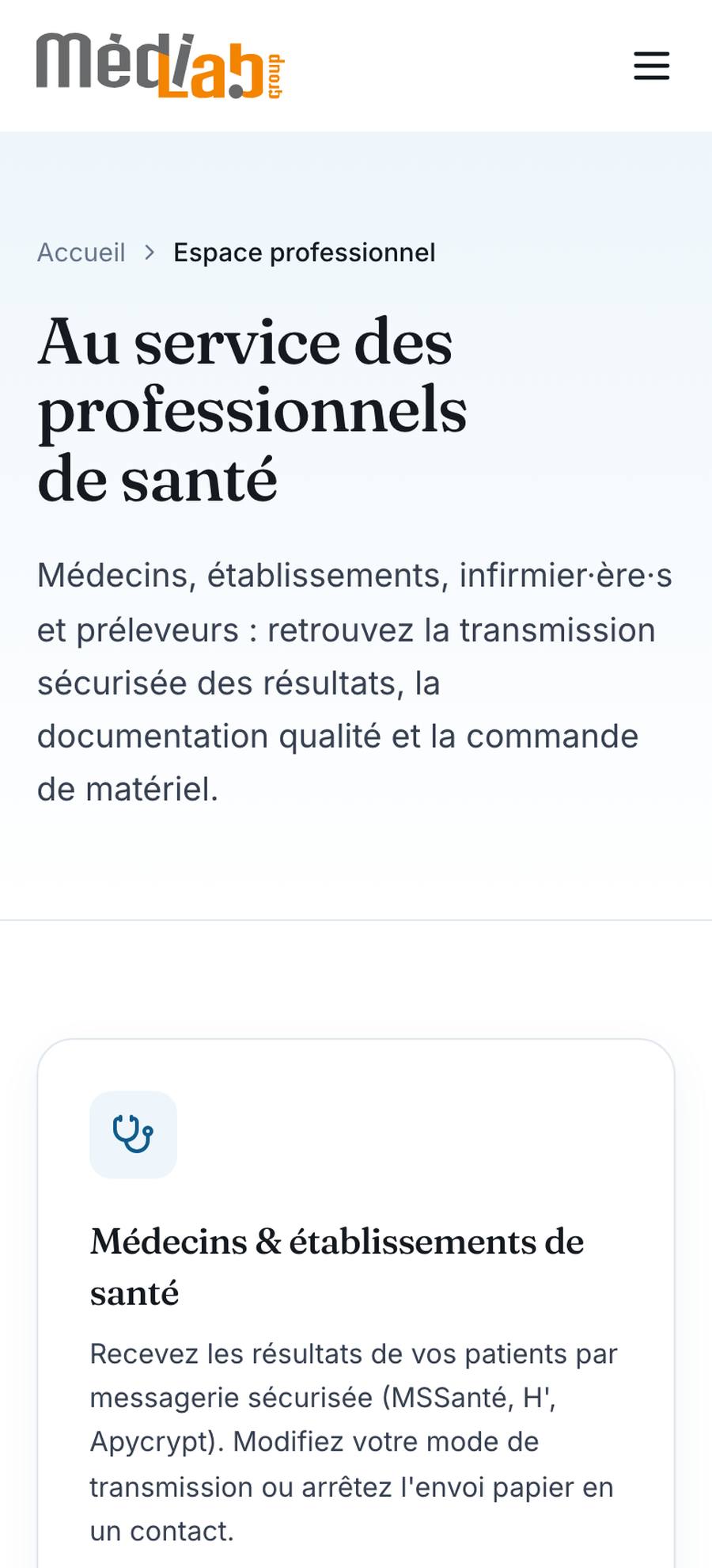 Médilab Group — Espace Professionnel (mobile), rebuilt